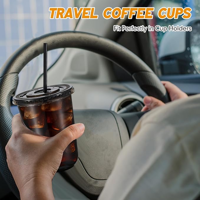 Ziliny 50 Sets Clear Round Bottom Plastic Cups with Lids and Straws, Cute Disposable Drinking Coffee Cups, for Christmas Valentine's Galentine's Day Party Wedding Birthday Supplies (16oz,Black)