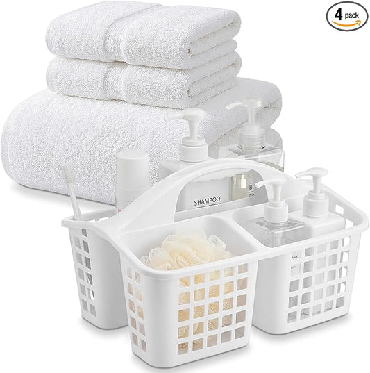 Tigeen 4 Pcs Portable Shower Caddy Basket with Compartments and 1 Cotton Bath Towels & 2 Hand Towels Plastic Divided Cleaning Caddy Organizer Storage Tote Kit for Bathroom College Dorm Room(White)