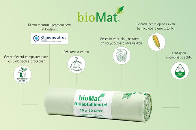 bioMat Compostable Trash Bags 8 Gallon, 20 Count, Medium flat top Kitchen Food Scrap Bin Liners, BPI, CMA and OK Compost HOME certified, Meets the ASTM D6400 Standard
