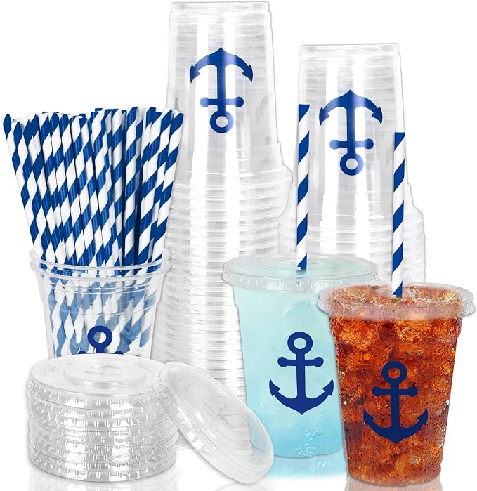 Whaline 50Pcs Nautical Disposable Plastic Cups with Lids and Straws 12 Oz Blue Anchor Cold Beverage Drinking Cups for Ocean Theme Birthday Party Supplies