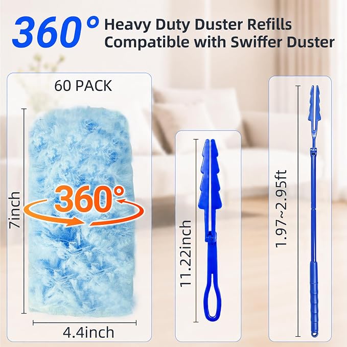 60 Count Heavy Duty Duster Refills for Swiffer Duster, 360° Double-Sided Electrostatic Dusting Pads with Upgraded Thick Fibers, 2 Handles Included, Disposable Microfiber Duster for Cleaning Home(Blue)