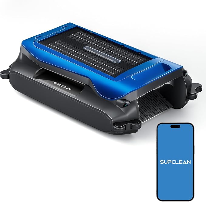 24/7 Solar Powered Pool Skimmer Robot with APP Support, Automatic Electric Floating Surface Cleaner for Above Ground & Inground Pools, Auto Robotic Pool Skimmer Bluetooth Control（Blue）