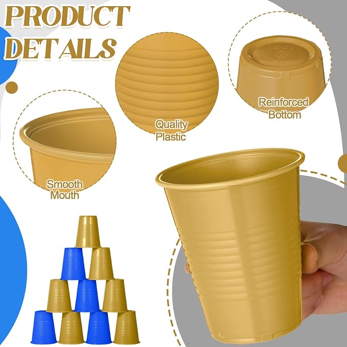 Funnymoom 100 Pcs Blue and Gold Plastic Cups, 12 oz Disposable Party Cups for Graduation, Ceremony, Wedding Reception, Birthday Party Supplies