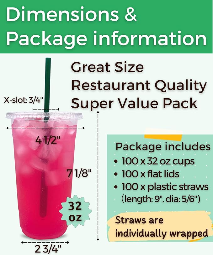 Aatriet [100 Sets] 32 oz Clear Plastic Cups with Lids and STRAWS, Disposable Party Cups for To Go Iced Coffee Cold Drinks, Smoothie, Juice, Parfait, Frappuccino, Milkshake. No Leaking Fruit Cup