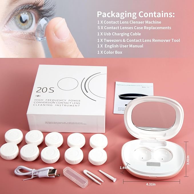 Contact Lens Cleaner, Portable Ultrasonic Contact Lens Cleaning Machine with USB Charger, LED Timer Display & 5 Contacts Solution Cases Kit for Soft Hard Colored RGP Lenses (Pink)