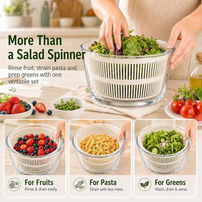 Glass Salad Spinner 3.2 Qt, Small Salad Spinner with Glass Bowl Removable Lid for Easy Cleaning Dishwasher Safe Glass Bowl Vegetable and Fruit Washer Dryer with Drain Spout Crank Handle White