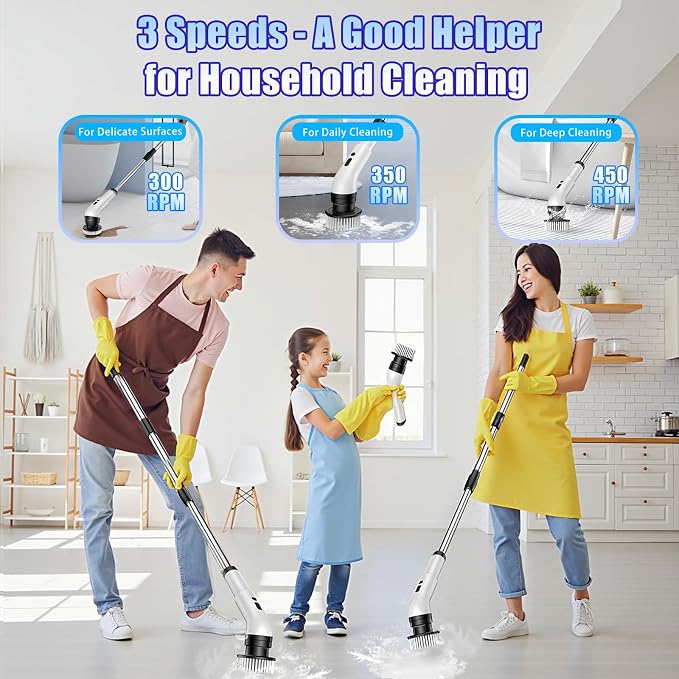 Electric Spin Scrubber, Cordless Bathroom Scrubber Brush with 9 Replaceable Heads,3-Speed Electric Scrubber with Adjustable Handle,IPX7 Shower Scrubber for Bathroom Tile,Kitchen Countertop,Car Trunk