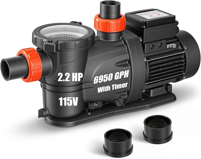 LEO 2HP In/Above Ground Pool Pump with Timer High Flow Powerful Self Priming Pool Pump, Single Speed 115V 6950GPH, Black