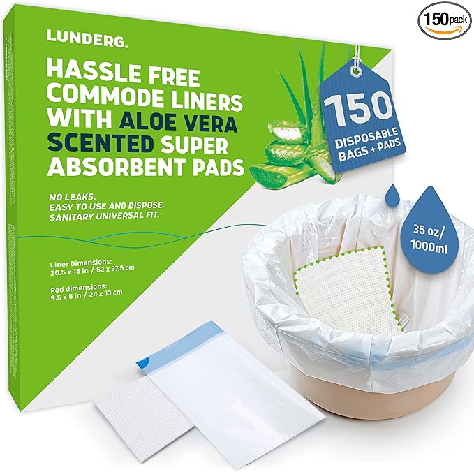 Lunderg Commode Liners with Absorbent Pads - Aloe Scent Medical Grade 150 Count Universal Fit - Disposable Bedside Commode Liners and Pads for Adult Chairs, Portable Buckets & Camping Toilet Bags
