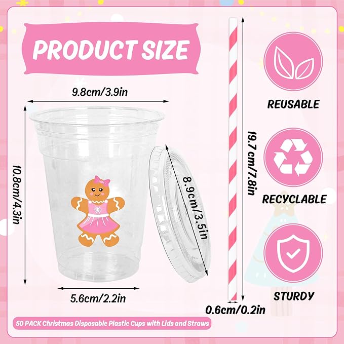 Whaline 50 Pcs 12 Oz Christmas Disposable Plastic Cups with Lids and Straws Cute Pink Gingerbread Man Cold Beverage Drinking Cups for Xmas Birthday Party Supplies
