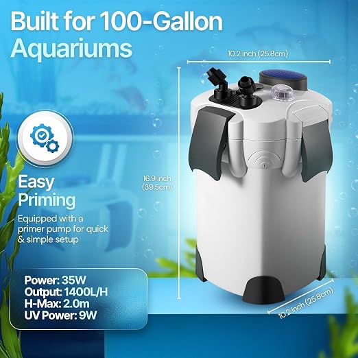 Flexzion Aquarium Canister Filter with 370GPH Flow Rate, UV-C Lamp, Spray Bar, & 3-Stage Media Filtration for up to 100 Gallon Fish Tanks - Ultra-Quiet External Canister Filters for Aquarium