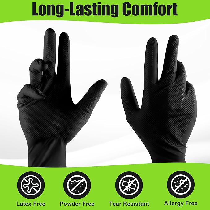 TREEGO 10 Mil Black Nitrile Gloves Heavy Duty — Raised Diamond Texture Grip, Latex Free Disposable Mechanic Work Gloves, Large, 100 Count