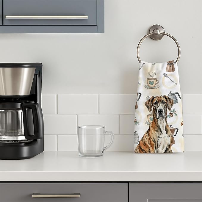 Caroline's Treasures Brindle Great Dane Coffee Bar Kitchen Towel Velour Plush Front and Cotton Loop Back Machine Washable