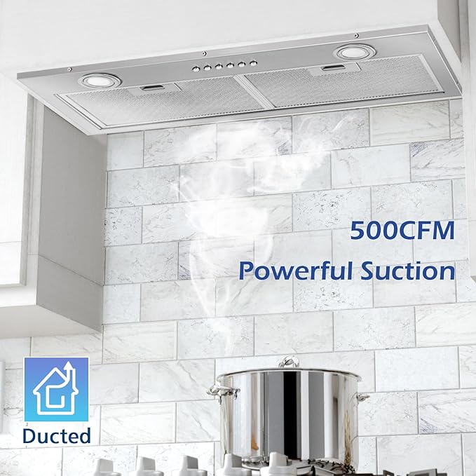 ONEEON 30" Range Hood Insert - 500 CFM Stainless Steel Built-in Kitchen Vent w/ 4-Speed Exhaust Fan, Dishwasher-Safe Baffle Filters, LED Lights & 3-Min Delayed Shutdown