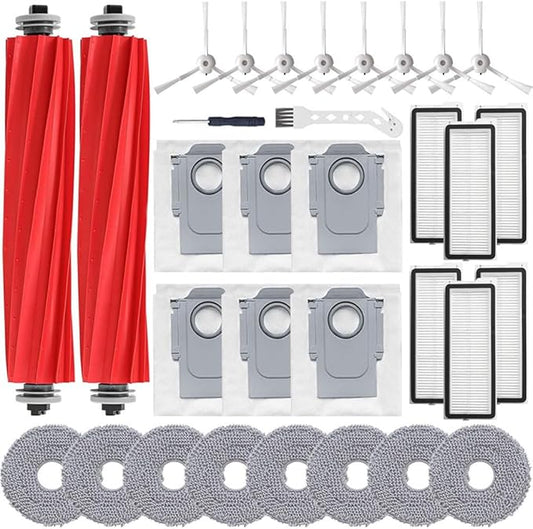 32 Pack Accessories Replacement Kit for Roborock Qrevo S/Qrevo Pro/Qrevo Plus/Qrevo MaxV Vacuum,2 Main Brushes,6 Filters&Bags+ 8 Side Brushes&Mop Pads,2 Tools
