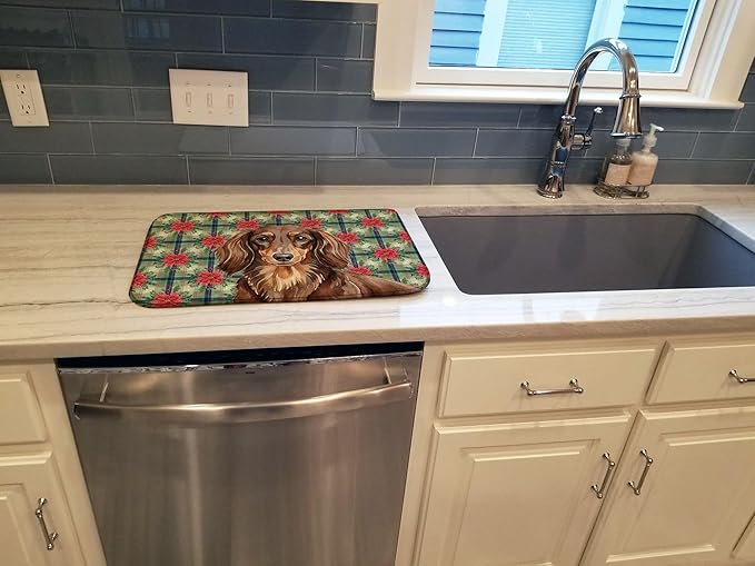 Caroline's Treasures Longhaired Chocolate and Tan Dachshund Christmas PoinsettIas Dish Drying Mat Absorbent Dish Drying Mat Pad for Kitchen Counter Dish Drainer Mat for Countertop, 14 x 21"