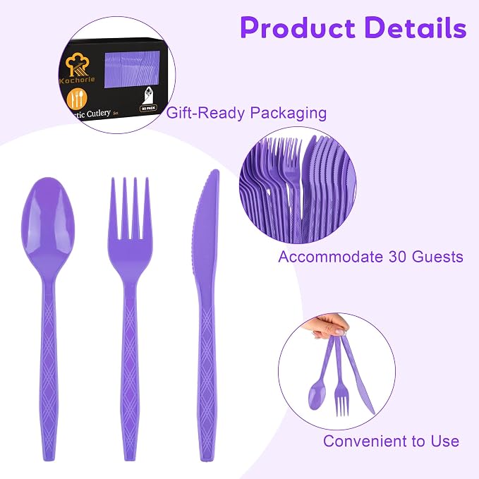 Kochorie 90 Pieces Purple Plastic Cutlery Set Disposable Plastic Utensils Heavy Duty Flatware Set Include 30 Knives 30 Forks 30 Spoons for Graduation, Wedding, Birthday Party Supplies