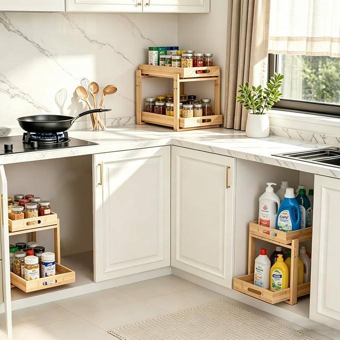Under Sink Pull Out Organizer - Bamboo Cabinet Organizer 2-Tier with Adjustable Height, Undersink Storage Shelf Slide Out for Kitchen Bathroom Pantry Cabinet(2 Packs)