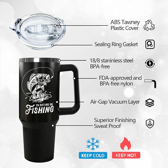 Ceovfoi 40 oz Black Stainless Steel Tumbler With Handle, Fishing Gifts for Men, American Flag Patriotic Cup
