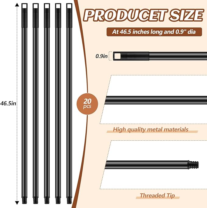 Gisafai 20 Pcs Broom Handle with Threaded Tip Powder Coated Broom Handle Metal Cleaning Pole with Plastic Thread Stick for Floor Brushes Replacement Cleaning Tools Accessories