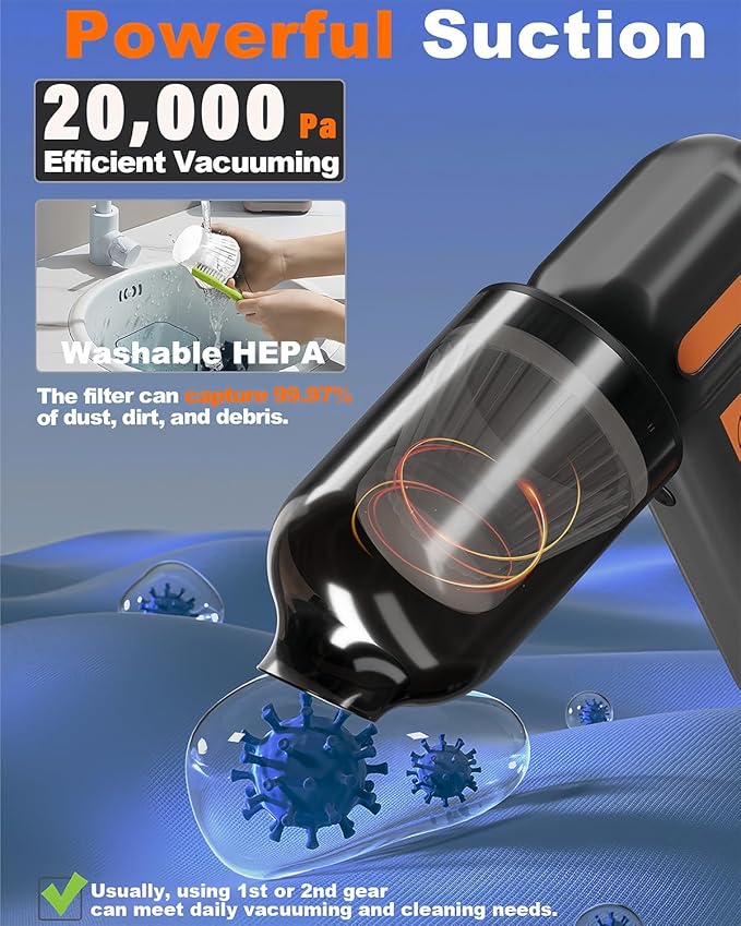 Powerful 2-in-1 Compressed Air Duster & Handheld Car Vacuum Cleaner with LED Light & 4-Gear Adjustable 150KRPM Brushless Motor, Rechargeable Cordless Mini Blowe for Car, Home, PC (2-in-1 Black)