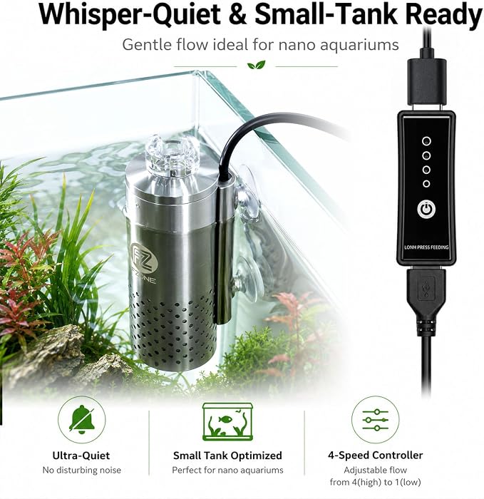 FZONE Aquarium Surface Skimmer, Mini Electric Surface Skimmer with USB Plug for Planted Tanks | 4-Speed Controller,Ultra‑Quiet Design, for nano tank, effortless setup, Durable Stainless Steel, easy to maintence