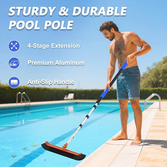 16FT Swimming Pool Pole with Brush, Upgraded Pool Pole Telescopic 16ft Heavy Duty with 19" Pool Brush Head, Adjustable Length 4 to 16 Feet, Universal Pole for Skimmer Net, Brush, Vacuum Head