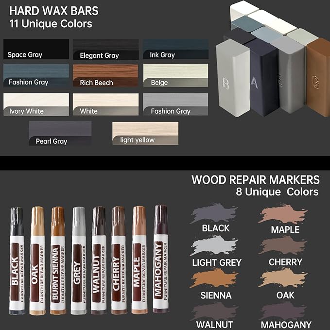 Hardwood Floor Repair Kit -11PCS Laminate Vinyl Floor Wax with 8PCS Wood Furniture Touch Up Marker,Professional Restoration The Scratches, Stains,Holes on Any Wood Floor and Wooden Furniture