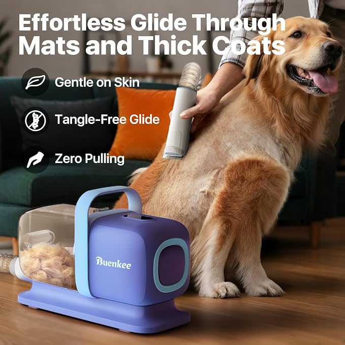 buenkee Dog Grooming Kit with Vacuum, 15000Pa Pet Hair Clipper and Shedding Brush, 2L Capacity, Blue