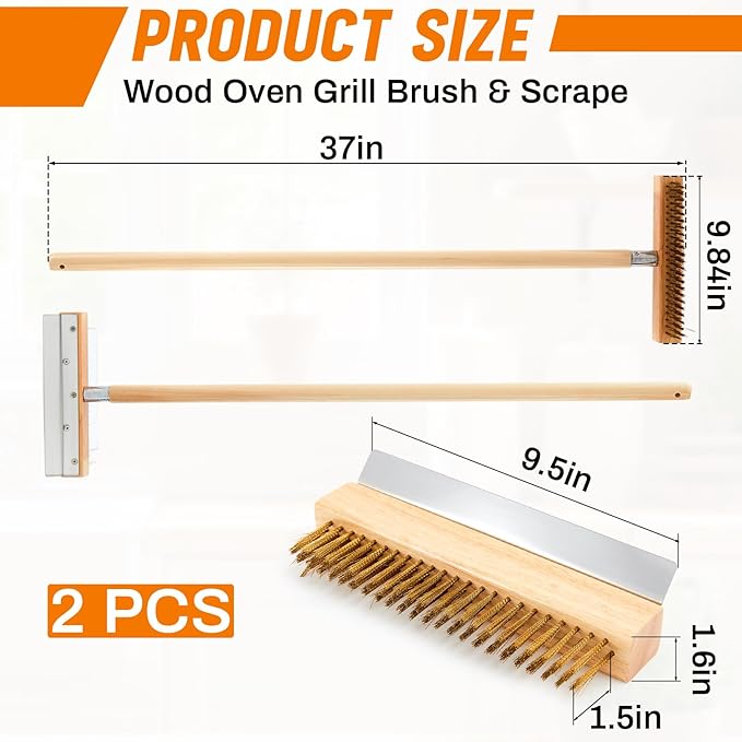 Reallnaive 2 Pack 37 Inch Wood Handle Pizza Oven Brush with Scraper Outdoor Pizza Oven Cleaning Brush Tool, Aluminum Threaded Tip, Brass Bristles with Steel Scraper