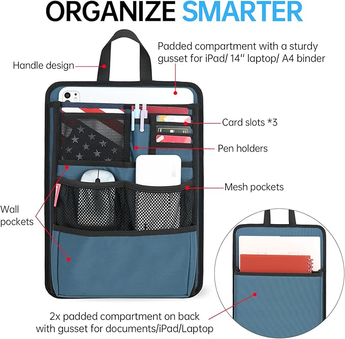 Rugged Silm Backpack Organizer Insert for Laptop A4 Binder Paperwork Document Textbook for Casual Business (Denim Blue)