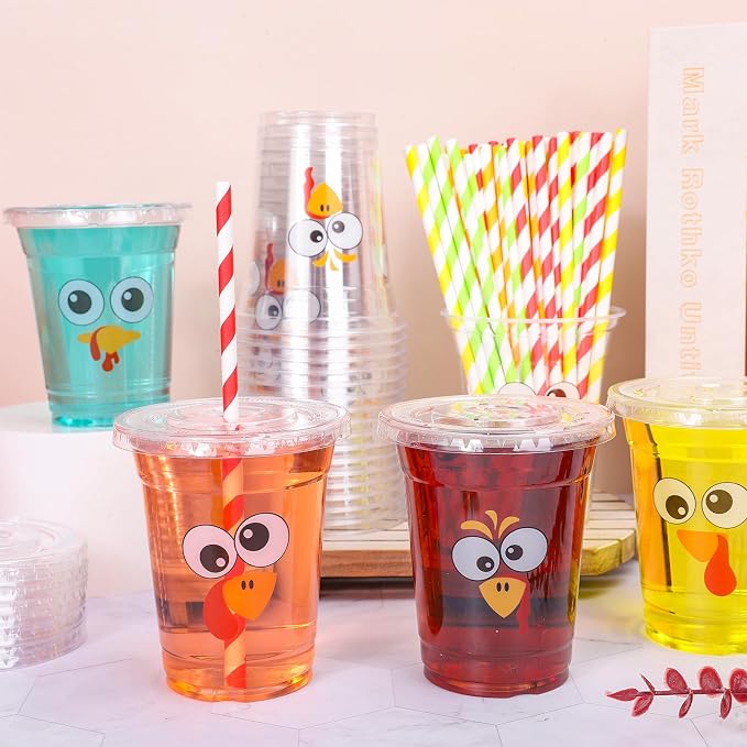 FYSUIMU 100Pcs 12Oz Fall Thanksgiving Plastic Cups with Lids and Straws Funny Cartoon Turkey Expression Cold Beverage Drinking Cups for Autumn Harvest Party Supplies