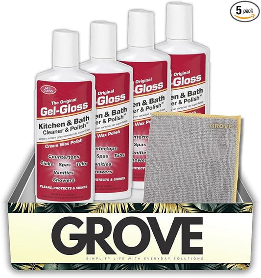 4x Gel-Gloss Kitchen & Bath Cleaner & Polish 8 oz Bundle with Microfiber – Cleans, Protects, and Restores Luster on Acrylic, Corian, Porcelain, Ceramic, and Stainless Steel – Gift Set (5 Items)