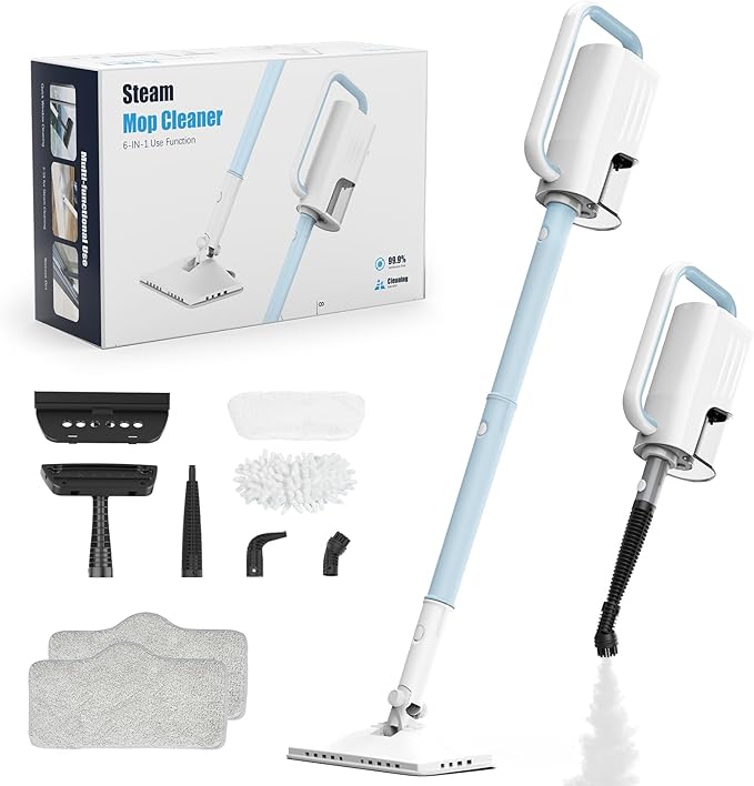 Steam Cleaner, 6 in1 Rotated Steam Mop Cleaner with 2 Modes, 2 Microfiber Pads, 400ML Removable Tank, 23FT Power Cable, Detachable Steam Mops for Floor, Laminate Floor, Tiles Cleaning (Sapphire Blue)