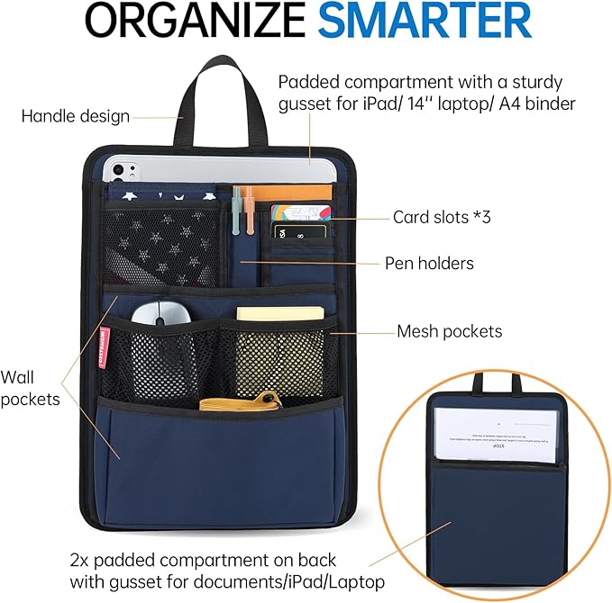 Slim Rugged Backpack Organizer Insert for Business Casual Men Women -13 Pockets,Padded Nylon,Max 14'' laptop - Navy