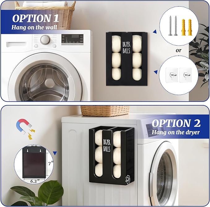 Magnetic Dryer Ball Holder Wall Mount for Washer Dryer, Wood Laundry Organizer and Storage, Wool Dryer Balls Container Dispenser Basket with Magnetic Lint Bin, Laundry Room Accessories and Essentials