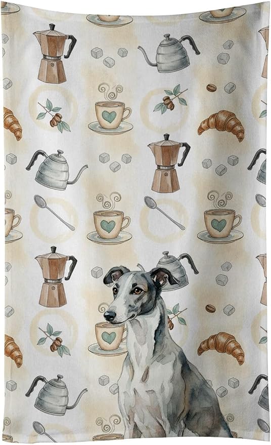 Caroline's Treasures Black and White Greyhound Coffee Bar Kitchen Towel Velour Plush Front and Cotton Loop Back Machine Washable