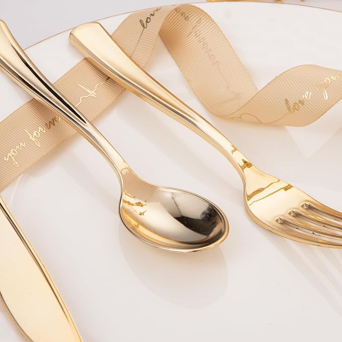 Liacere 200Pcs Gold Plastic Silverware-Gold Plastic Cutlery - Disposable Silverware include 100 Forks 50 Spoons 50 Knives Perfect for Parties & Weddings & Restaurants &Events