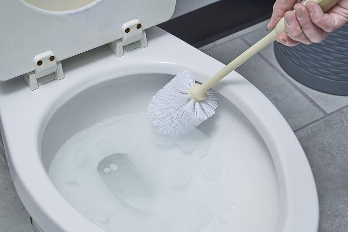 Superio Toilet Brush with Holder, Heavy-Duty Durable Bristles, Long Handle with Comfort Grip, Deep Cleaning Bathroom Toilet Bowl Brush, Beige