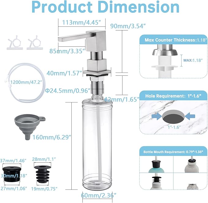 Built in Sink Soap Dispenser Dispenser Square with 47'' Long Tube, Brushed Brushed Nickel Brass Pump Head for Kitchen Sink with 17 oz Bottle