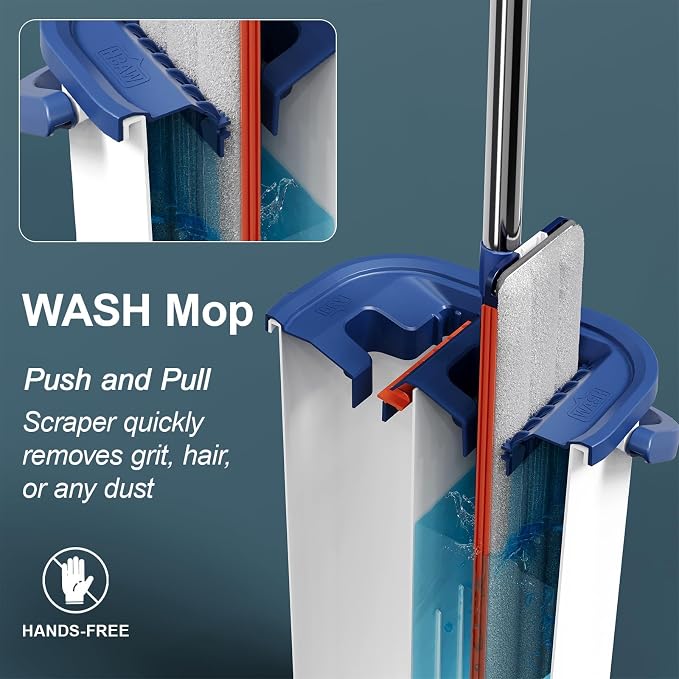 16 Inch Dual-Bucket Spin Mop Set, ， Hands-Free Wringing System，360° Rotating Flat Mop with Separate Clean & Dirty Water, Aluminum Alloy Head & 8 Microfiber Pads
