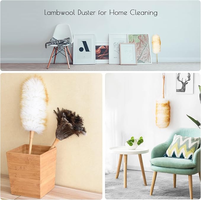 Lambswool Duster 16'' Length Solid Wooden Handle Leather Hang Strap for Cleaning Ceiling Fans Window Blinds Computer Furniture Figurines TV Natural Feather Duster,Brown