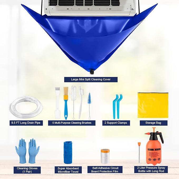 Large Size Mini Split Cleaning Kit, 14 Pcs Mini Split Cleaning Bag with 2L High Pressure Sprayer, Professional Ac Cleaning Kit Fit for Systems Lengths from 38" to 48"