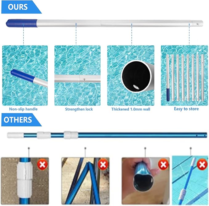 Poolvio Pool Deep Skimmer Net with 3ft - 10ft 1.0mm Thick Adjustable Aluminum Pole & Fine Mesh Bag Leaf Skimmer Rake Net for Above Ground & Inground Swimming Pools, Removes All Debris