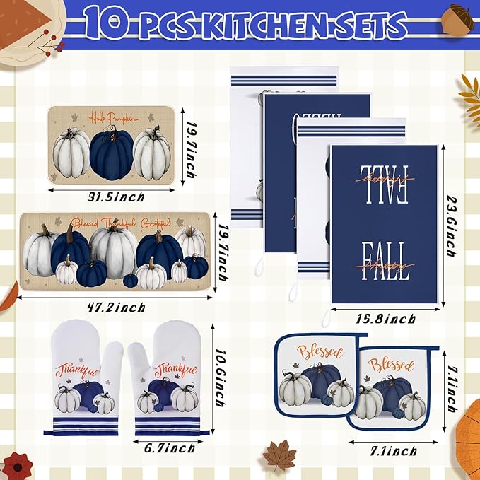 Fanfanwin 10 Pcs Thanksgiving Pumpkin Kitchen Decor Set Kitchen Towels Pot Holders Oven Mitts and Rugs Set Thanksgiving Decor for Baking Cooking Home Gift