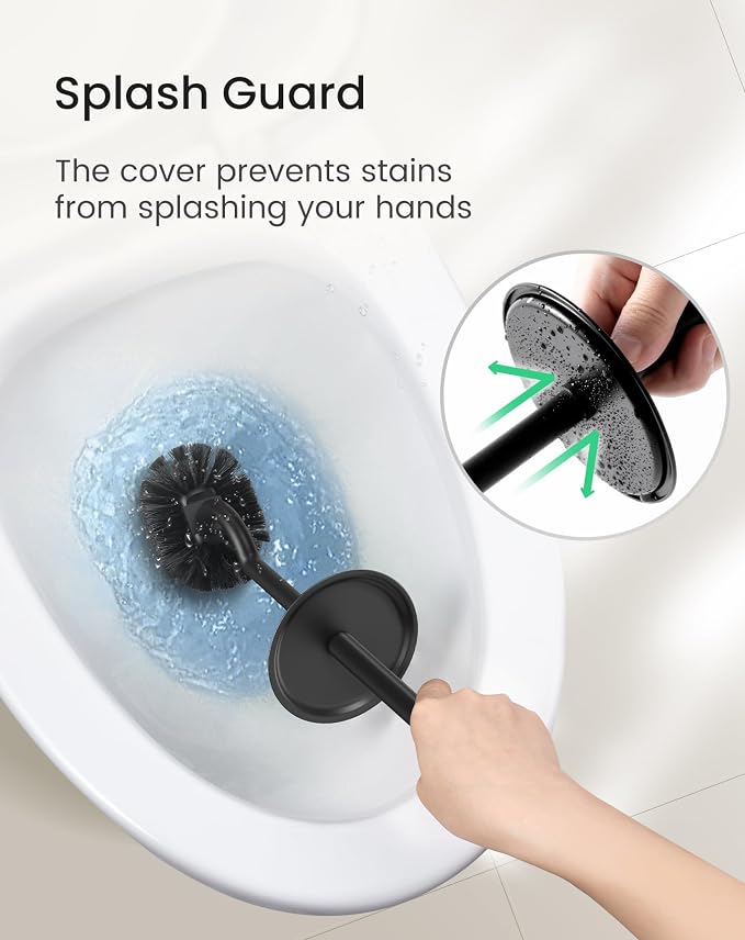 Cesun Toilet Brush and Holder Set with 2 Brush Heads, Curved Toilet Bowl Brush for Under Rim Cleaning, 304 Stainless Steel Holder, Long Handle Toilet Scrubber, Black