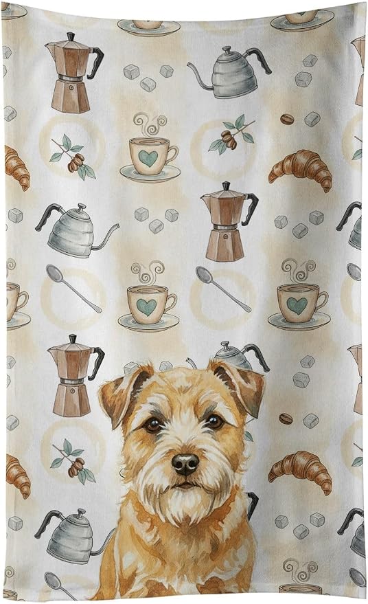 Caroline's Treasures Wheaten Border Terrier Coffee Bar Kitchen Towel Velour Plush Front and Cotton Loop Back Machine Washable