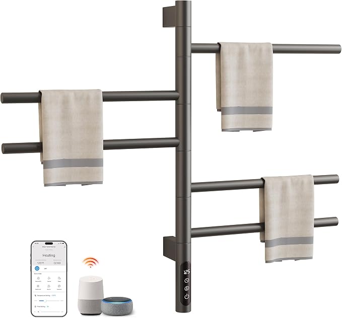 ENZE Smart Rotating Heated Towel Rack for Bathroom, 5-Bar Wall-Mounted Electric Towel Warmer with Swivel Bars, Wi-Fi App Control, 24H Timer, Stainless Steel, IPX5, Hardwired/Plug-in, Gray