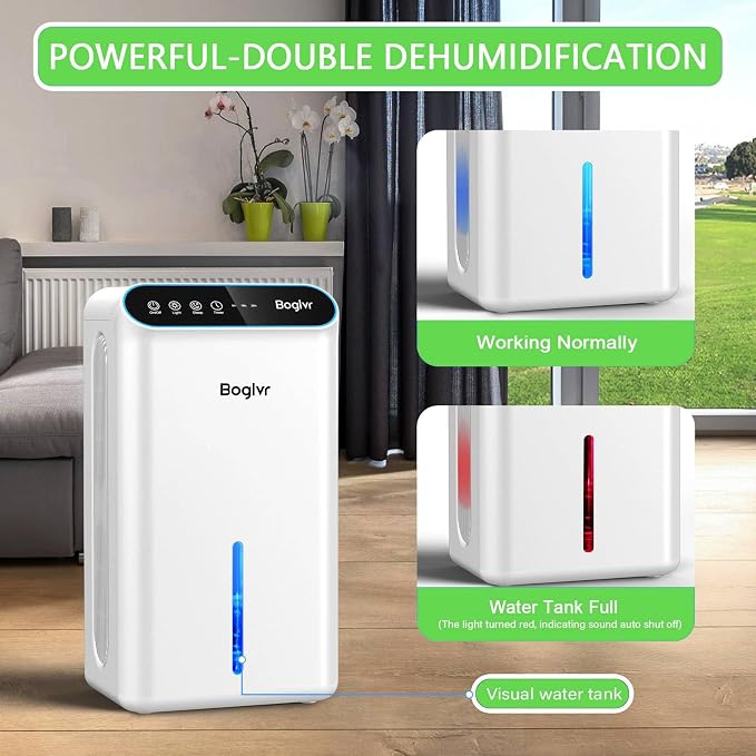 Dehumidifier for Home up to 1000 sq.ft, 98oz Small Quiet Dehumidifier with Drain Hose, 3 Timer Modes, Auto Shut Off, Aromatherapy & 7 Color Light for Bedroom, Bathroom, Basement (Deep White)