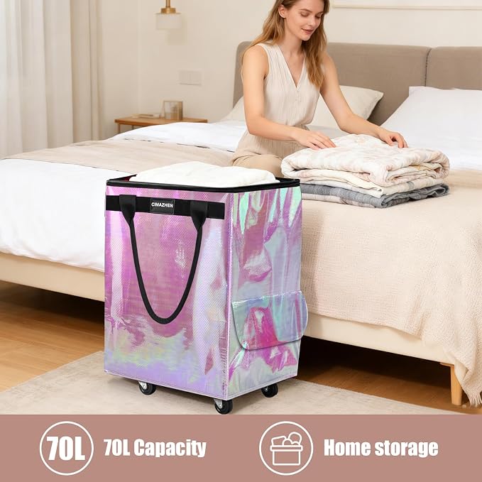 (Medium,Mermaid) Reusable Grocery Bag on 4 Wheels, 70L Foldable Rolling Tote Bag with 3 Handles and Zipper, Rolling Shopping Cart for Groceries, Storage, Laundry, Travel, Organizer, 76lb